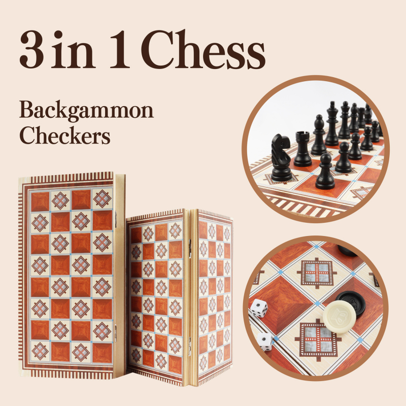Drveni set tri igre: šah, dama i backgammon