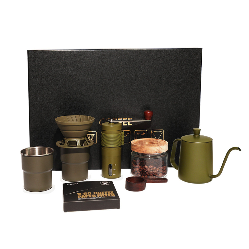 Set portabil de cafea pentru infuzie manuală, pentru camping în aer liber: ceașcă, cafetieră, râșniță, filtre și recipient cafea
