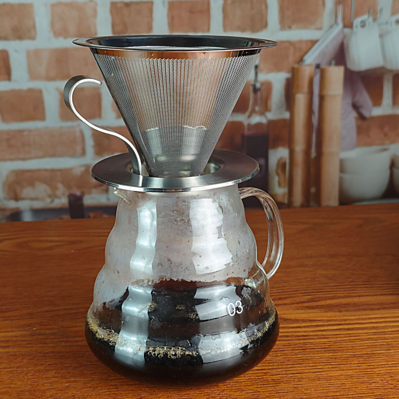 Filtru de cafea din oțel inoxidabil cu mâner și bază, sită de filtrare 300-mesh pentru cafea și ceai