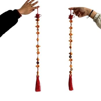 Pandantiv din lemn masiv, în formă de dovleac, cu monede din cupru și nod chinezesc, pentru decorul ușilor și al livingului