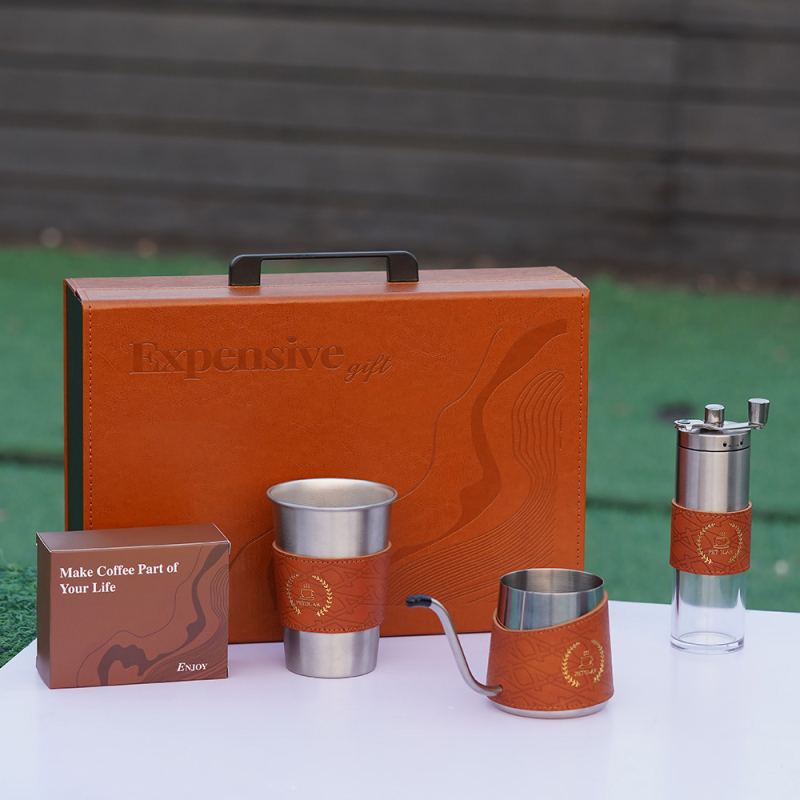 Set nou de cafea preparată manual – cadou de afaceri, kit complet de cafea pentru exterior, cu căni și cafetieră cu imprimare logo