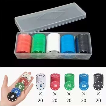 Set poker žetona s kutijom, ABS materijal, 100 komada u kutiji, boje: bijela, crvena, plava, zelena, crna, edukativne novčiće za prostorije za igre