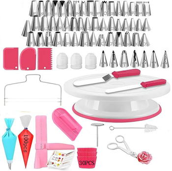 Set de unelte pentru cofetărie și decorare torturi, 200 de piese: instrument pentru stratificarea torturilor, spatulă, tel pentru ouă, bază rotativă pentru tort, set de duze pentru decorare