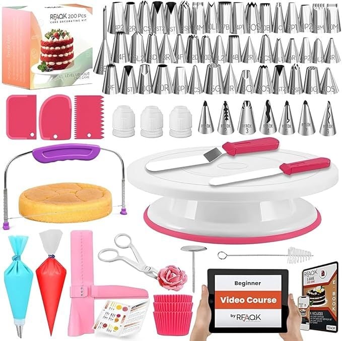 Set de unelte pentru cofetărie și decorare torturi, 200 de piese: instrument pentru stratificarea torturilor, spatulă, tel pentru ouă, bază rotativă pentru tort, set de duze pentru decorare