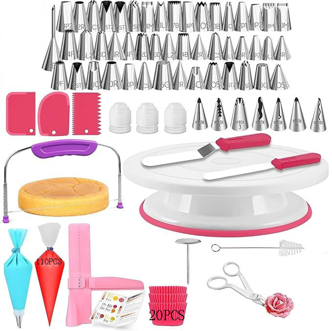 Set de unelte pentru cofetărie și decorare torturi, 200 de piese: instrument pentru stratificarea torturilor, spatulă, tel pentru ouă, bază rotativă pentru tort, set de duze pentru decorare