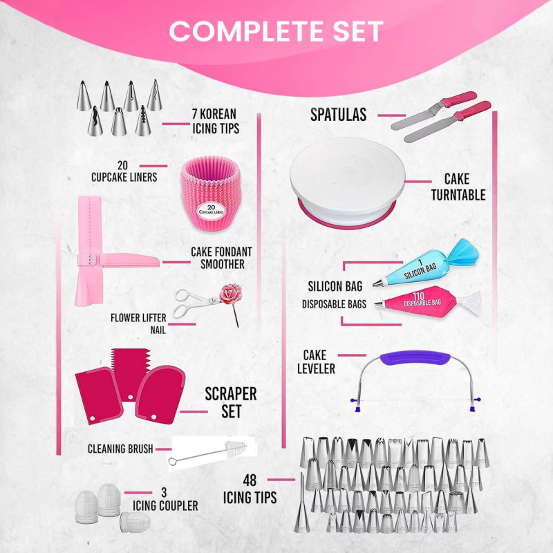 Set de unelte pentru cofetărie și decorare torturi, 200 de piese: instrument pentru stratificarea torturilor, spatulă, tel pentru ouă, bază rotativă pentru tort, set de duze pentru decorare