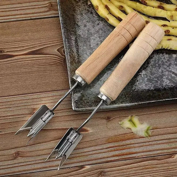 Cuțit din oțel inoxidabil pentru ananas, mâner din lemn — decojire, eliminarea ochilor și V-formă, unealtă de bucătărie multifuncțională