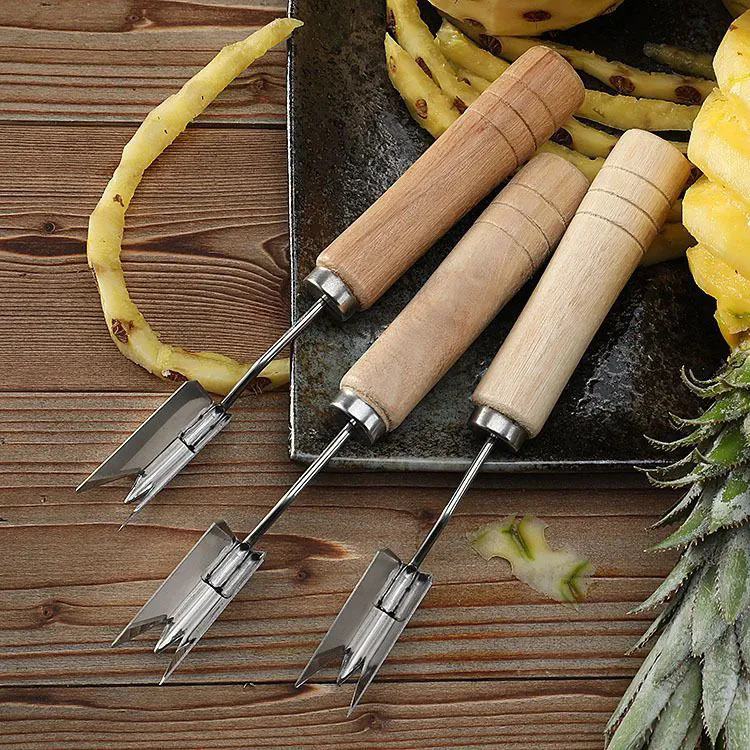 Cuțit din oțel inoxidabil pentru ananas, mâner din lemn — decojire, eliminarea ochilor și V-formă, unealtă de bucătărie multifuncțională