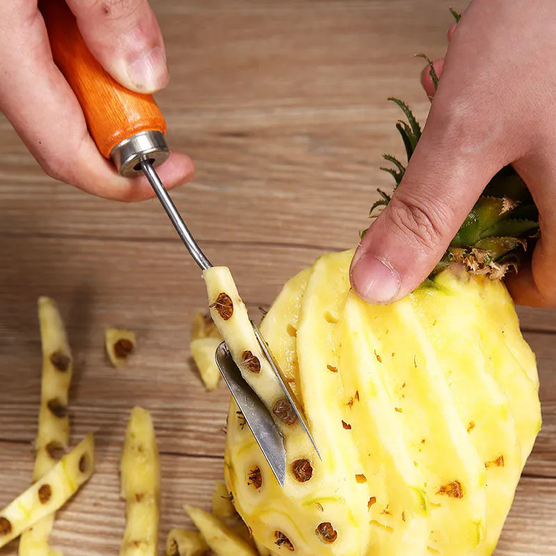Cuțit din oțel inoxidabil pentru ananas, mâner din lemn — decojire, eliminarea ochilor și V-formă, unealtă de bucătărie multifuncțională