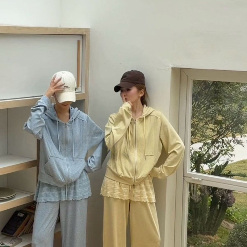Dvodijelni casual tracksuit s kapuljom u korejskom stilu, boja zobenog tona