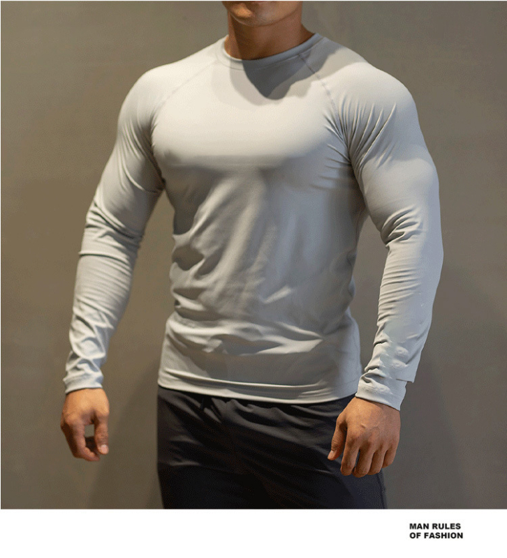 Мъжки спортен топ за фитнес с дълги ръкави, Slim-fit кръгло деколте, висока еластичност, бързосъхнеща дишаща материя, есенно-зимен модел