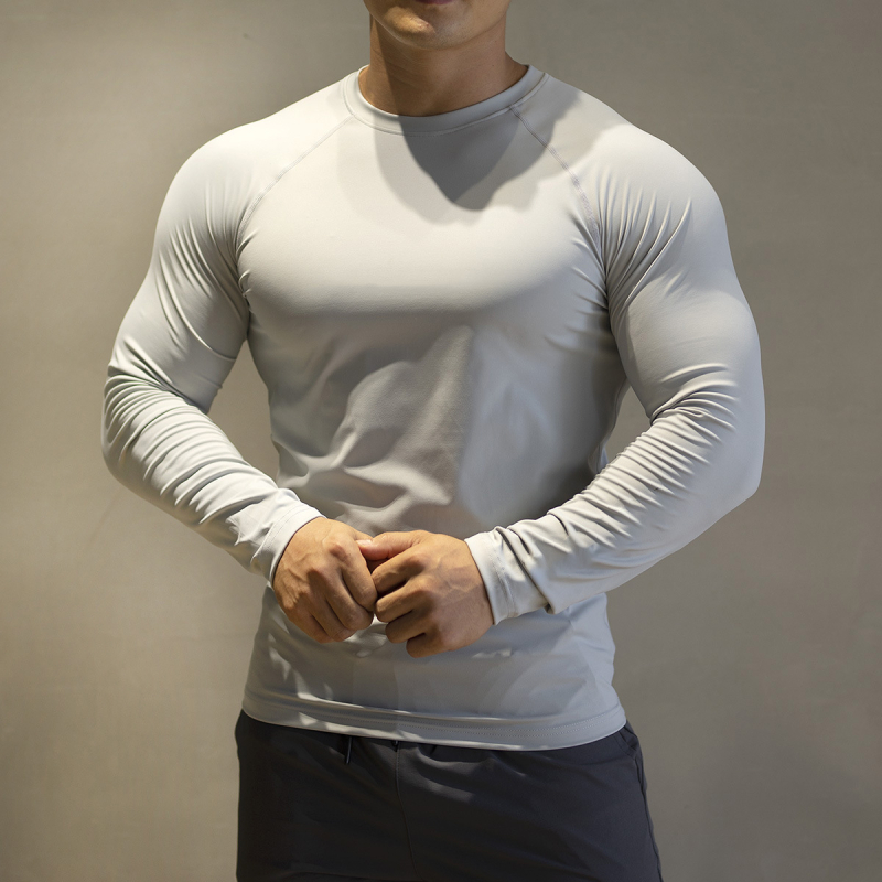 Мъжки спортен топ за фитнес с дълги ръкави, Slim-fit кръгло деколте, висока еластичност, бързосъхнеща дишаща материя, есенно-зимен модел