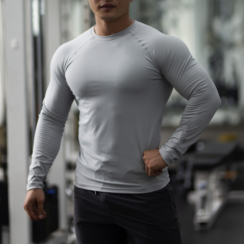 Мъжки спортен топ за фитнес с дълги ръкави, Slim-fit кръгло деколте, висока еластичност, бързосъхнеща дишаща материя, есенно-зимен модел
