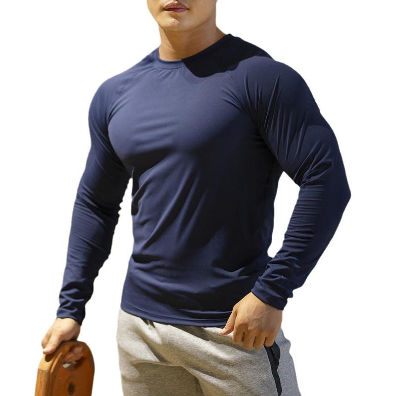 Мъжки спортен топ за фитнес с дълги ръкави, Slim-fit кръгло деколте, висока еластичност, бързосъхнеща дишаща материя, есенно-зимен модел
