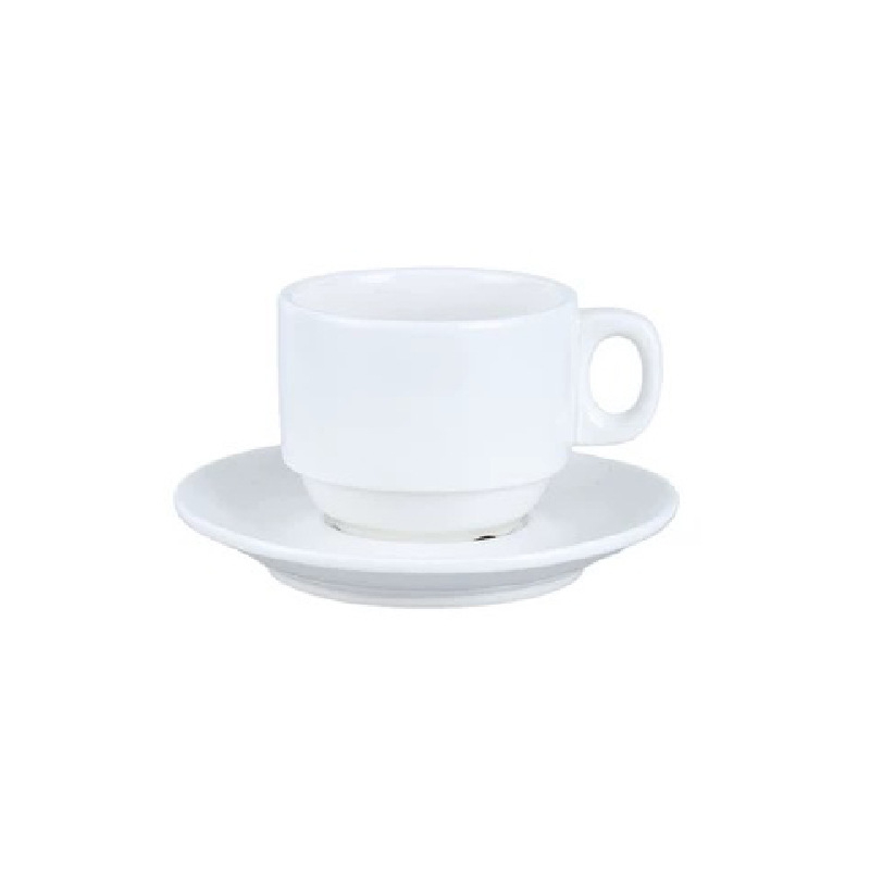 Set simplu alb din ceramică: ceașcă de cafea și farfurie, potrivit pentru cafenele, birouri, hoteluri și restaurante