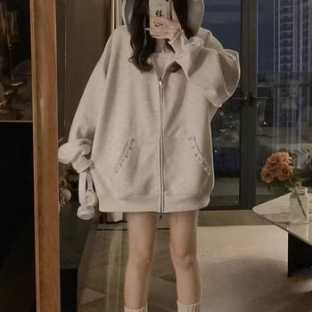 Ženski plišani hoodie kardigan s perlovim slovima izšivenim, geometrijski uzorak, široka silueta, za proljeće i jesen