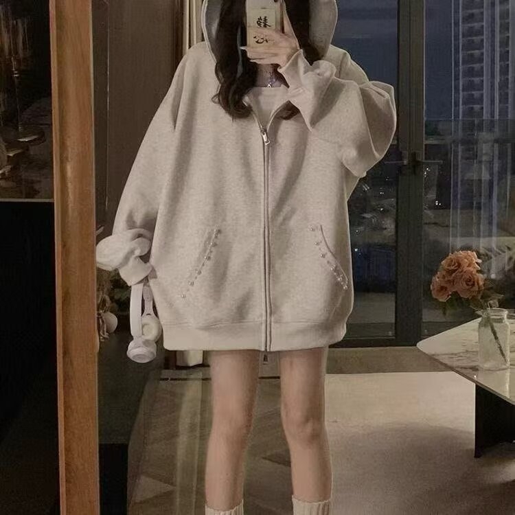 Ženski plišani hoodie kardigan s perlovim slovima izšivenim, geometrijski uzorak, široka silueta, za proljeće i jesen