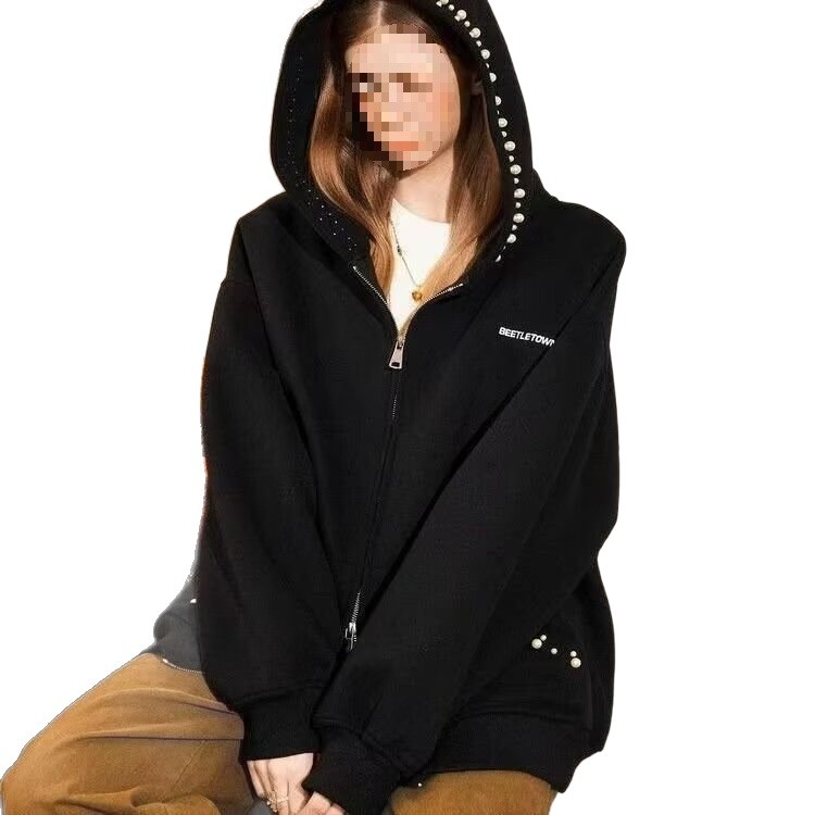 Ženski plišani hoodie kardigan s perlovim slovima izšivenim, geometrijski uzorak, široka silueta, za proljeće i jesen