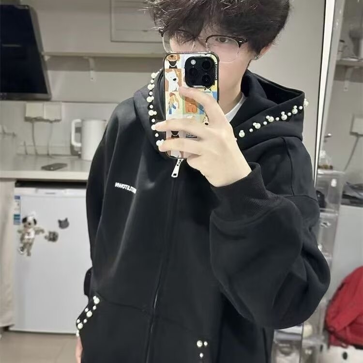 Ženski plišani hoodie kardigan s perlovim slovima izšivenim, geometrijski uzorak, široka silueta, za proljeće i jesen