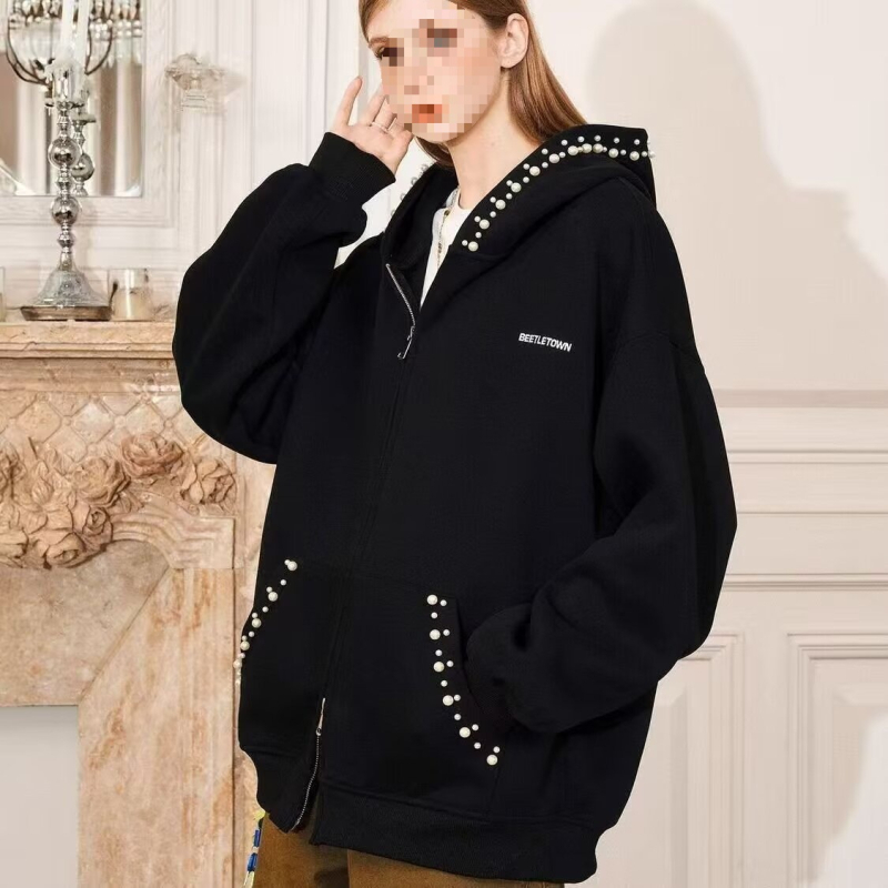 Ženski plišani hoodie kardigan s perlovim slovima izšivenim, geometrijski uzorak, široka silueta, za proljeće i jesen