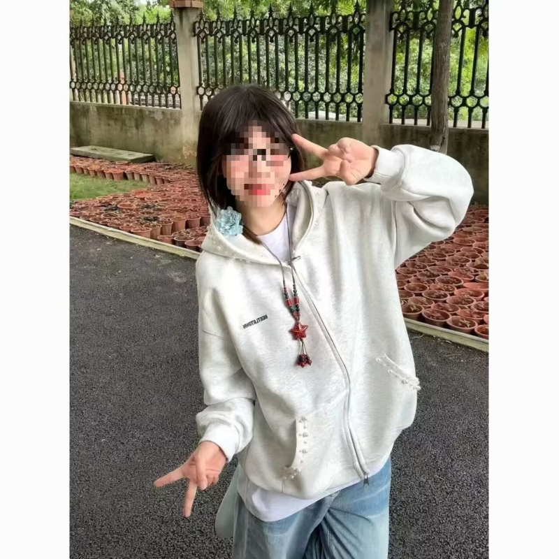 Ženski plišani hoodie kardigan s perlovim slovima izšivenim, geometrijski uzorak, široka silueta, za proljeće i jesen