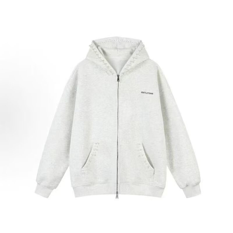 Ženski plišani hoodie kardigan s perlovim slovima izšivenim, geometrijski uzorak, široka silueta, za proljeće i jesen