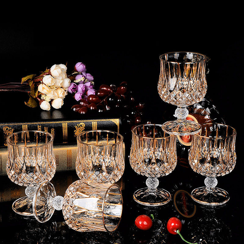 Set de pahare de vin din cristal, stil european, cu accente aurii, 6–10 bucăți; pentru bar sau uz casnic; pahare de brandy și whisky.