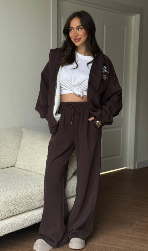 Ženski premium set: duksa s flisom i hlače u smeđoj boji, za proljeće, jesen i zimu, casual gradski stil, dva komada