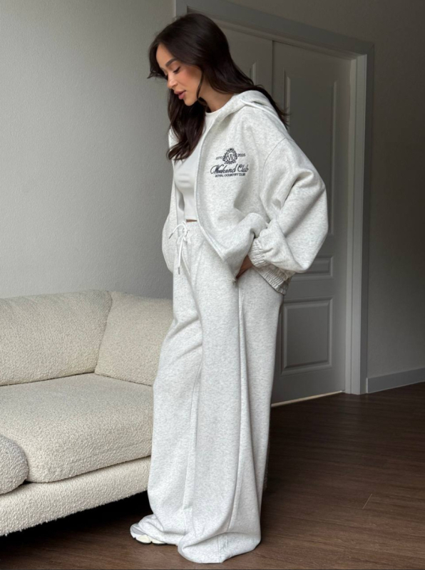 Ženski premium set: duksa s flisom i hlače u smeđoj boji, za proljeće, jesen i zimu, casual gradski stil, dva komada