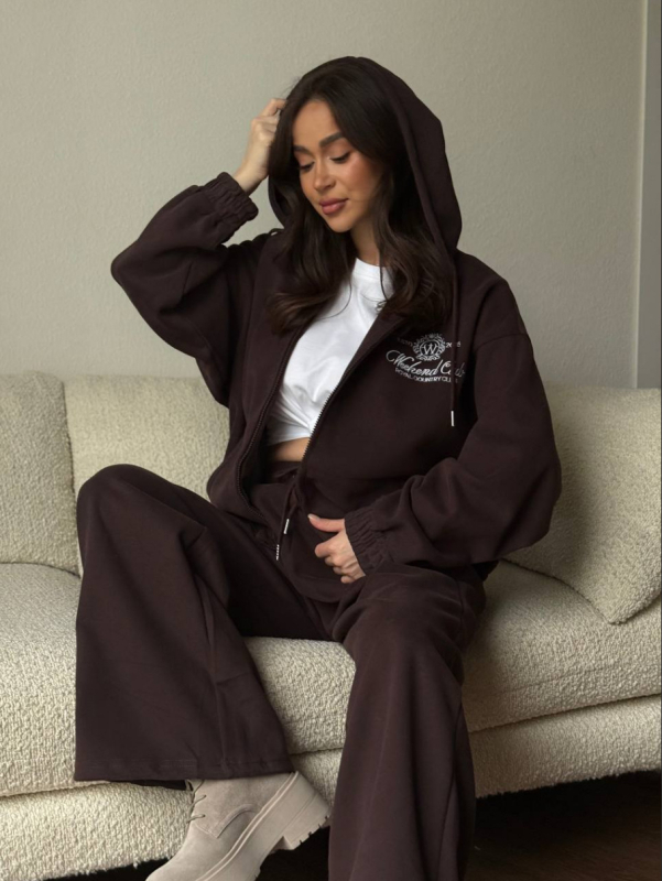 Ženski premium set: duksa s flisom i hlače u smeđoj boji, za proljeće, jesen i zimu, casual gradski stil, dva komada