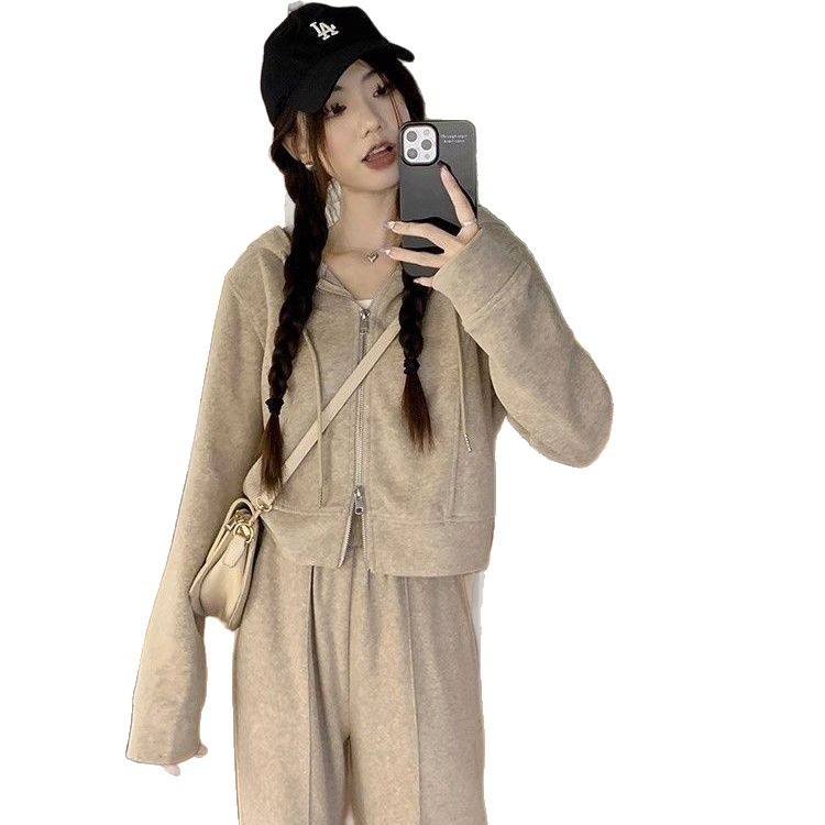 Ženski ležerni sportski komplet za proljeće i jesen, korejski stil, hoodie s kapuljačom i zipom te široke hlače, dvodijelni komplet