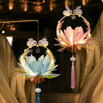 Lampion portabil în stil antic pentru copii, cu iepuraș, pentru Festivalul de Toamnă, lanternă rotundă cu design floral și motiv iepure din jad, iluminată