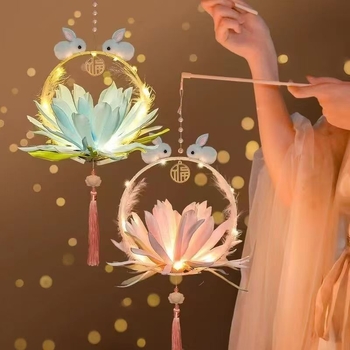 Lampion portabil în stil antic pentru copii, cu iepuraș, pentru Festivalul de Toamnă, lanternă rotundă cu design floral și motiv iepure din jad, iluminată