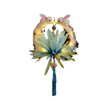 Lampion portabil în stil antic pentru copii, cu iepuraș, pentru Festivalul de Toamnă, lanternă rotundă cu design floral și motiv iepure din jad, iluminată