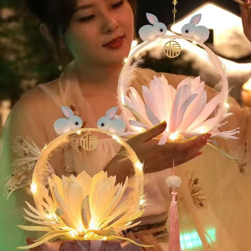 Lampion portabil în stil antic pentru copii, cu iepuraș, pentru Festivalul de Toamnă, lanternă rotundă cu design floral și motiv iepure din jad, iluminată