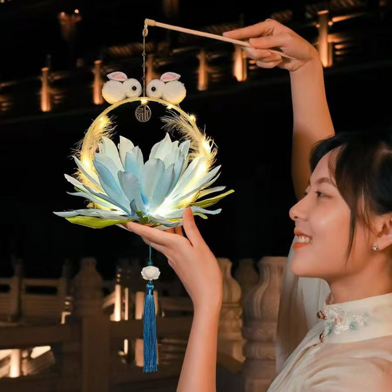 Lampion portabil în stil antic pentru copii, cu iepuraș, pentru Festivalul de Toamnă, lanternă rotundă cu design floral și motiv iepure din jad, iluminată