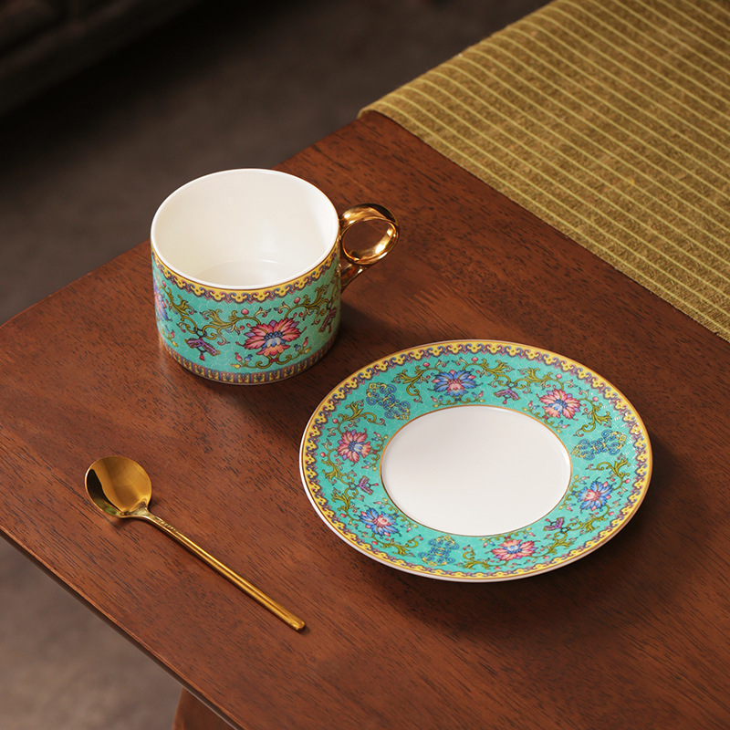 Set de ceașcă și farfurioară pentru cafea, emailată, în stil nordic retro, design rafinat