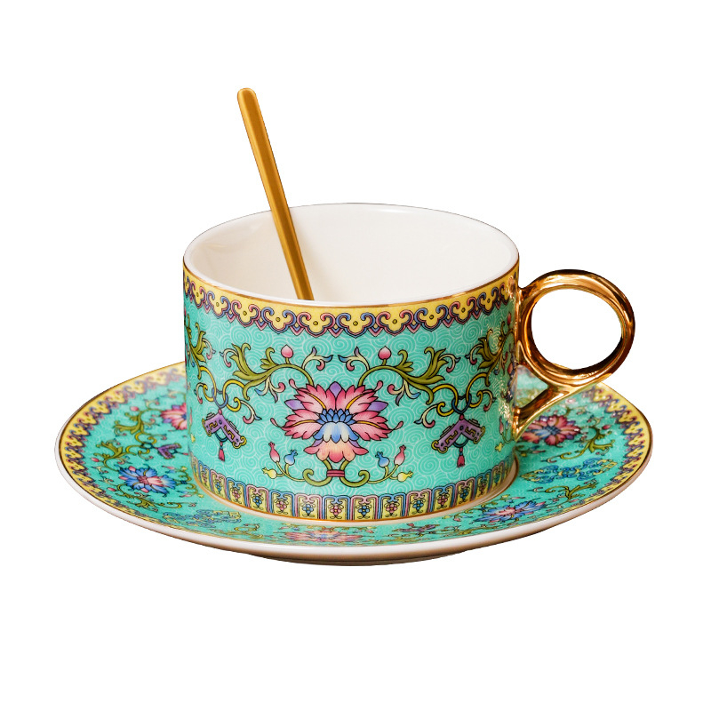 Set de ceașcă și farfurioară pentru cafea, emailată, în stil nordic retro, design rafinat
