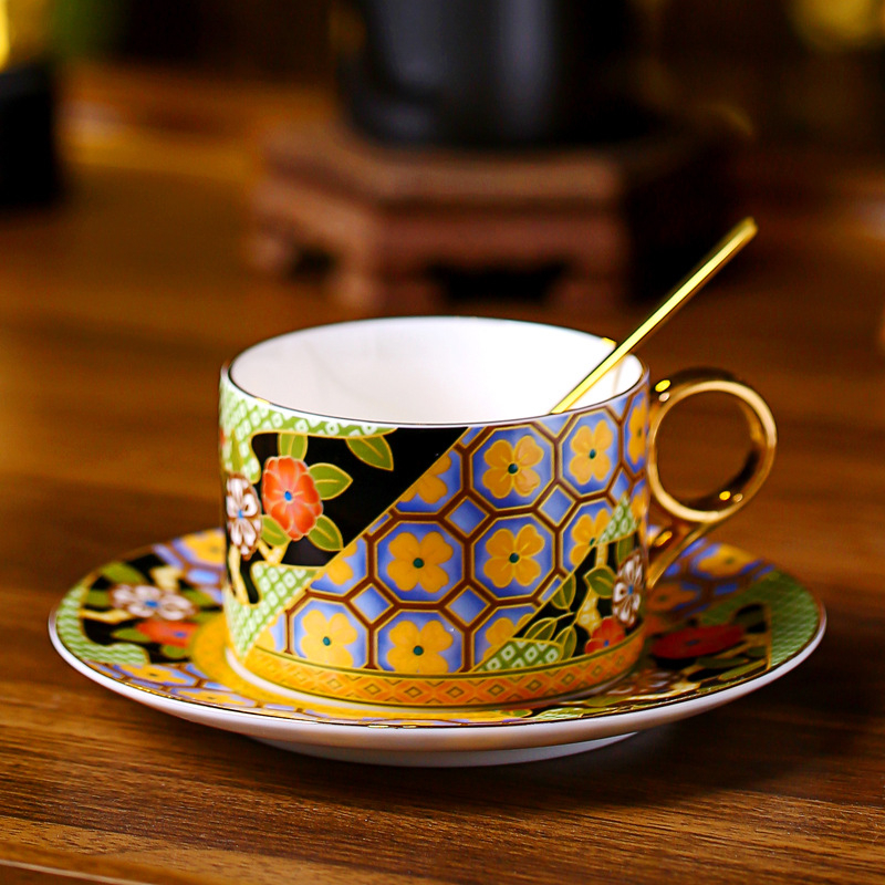 Set de ceașcă și farfurioară pentru cafea, emailată, în stil nordic retro, design rafinat