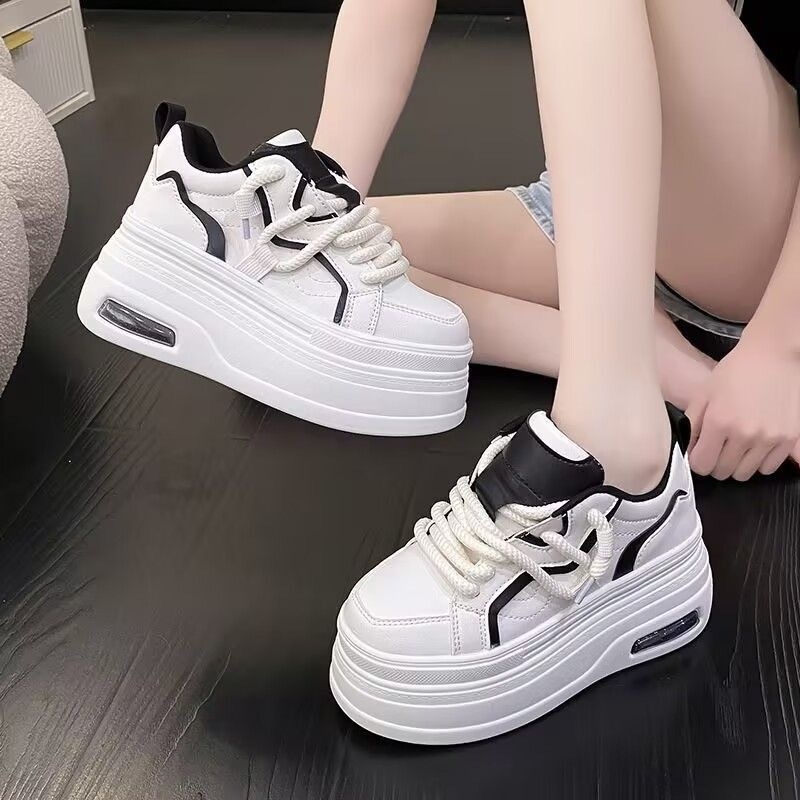 Női fehér sneaker 8 cm magasító vastag talppal, 2025 tavasz stílus, mindennapi sportcipő