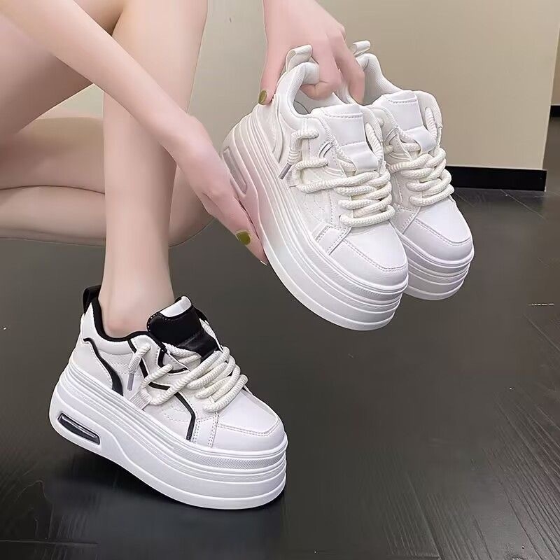 Női fehér sneaker 8 cm magasító vastag talppal, 2025 tavasz stílus, mindennapi sportcipő