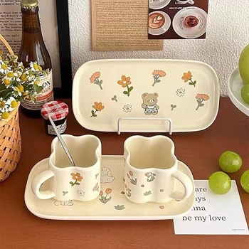 Set ceramic cești și farfurioare în stil Grădina de Primăvară – cești proaspete pentru mic dejun, uz casnic