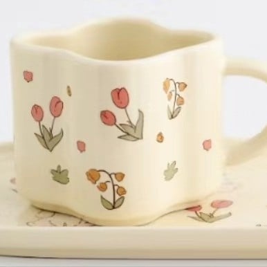 Set ceramic cești și farfurioare în stil Grădina de Primăvară – cești proaspete pentru mic dejun, uz casnic