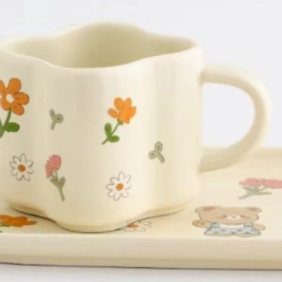 Set ceramic cești și farfurioare în stil Grădina de Primăvară – cești proaspete pentru mic dejun, uz casnic