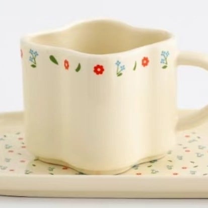 Set ceramic cești și farfurioare în stil Grădina de Primăvară – cești proaspete pentru mic dejun, uz casnic