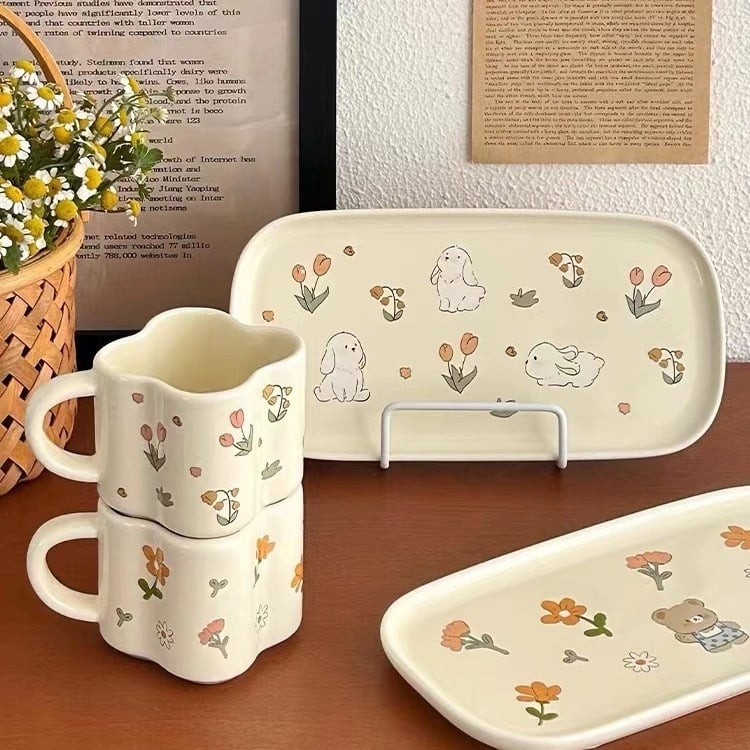 Set ceramic cești și farfurioare în stil Grădina de Primăvară – cești proaspete pentru mic dejun, uz casnic