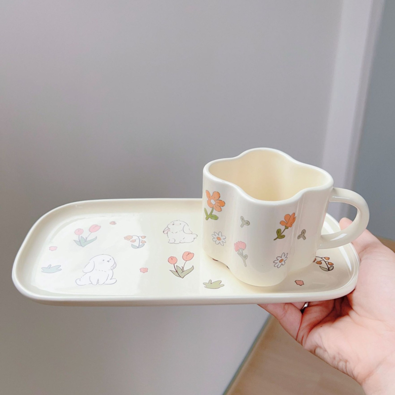 Set ceramic cești și farfurioare în stil Grădina de Primăvară – cești proaspete pentru mic dejun, uz casnic