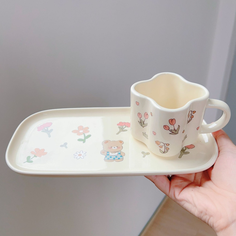 Set ceramic cești și farfurioare în stil Grădina de Primăvară – cești proaspete pentru mic dejun, uz casnic