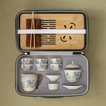 Set portabil de ceai Ru Kiln pentru călătorii – ceainic ceramic, gaiwan, tavă de ceai, set cadou complet
