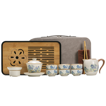 Set portabil de ceai Ru Kiln pentru călătorii – ceainic ceramic, gaiwan, tavă de ceai, set cadou complet